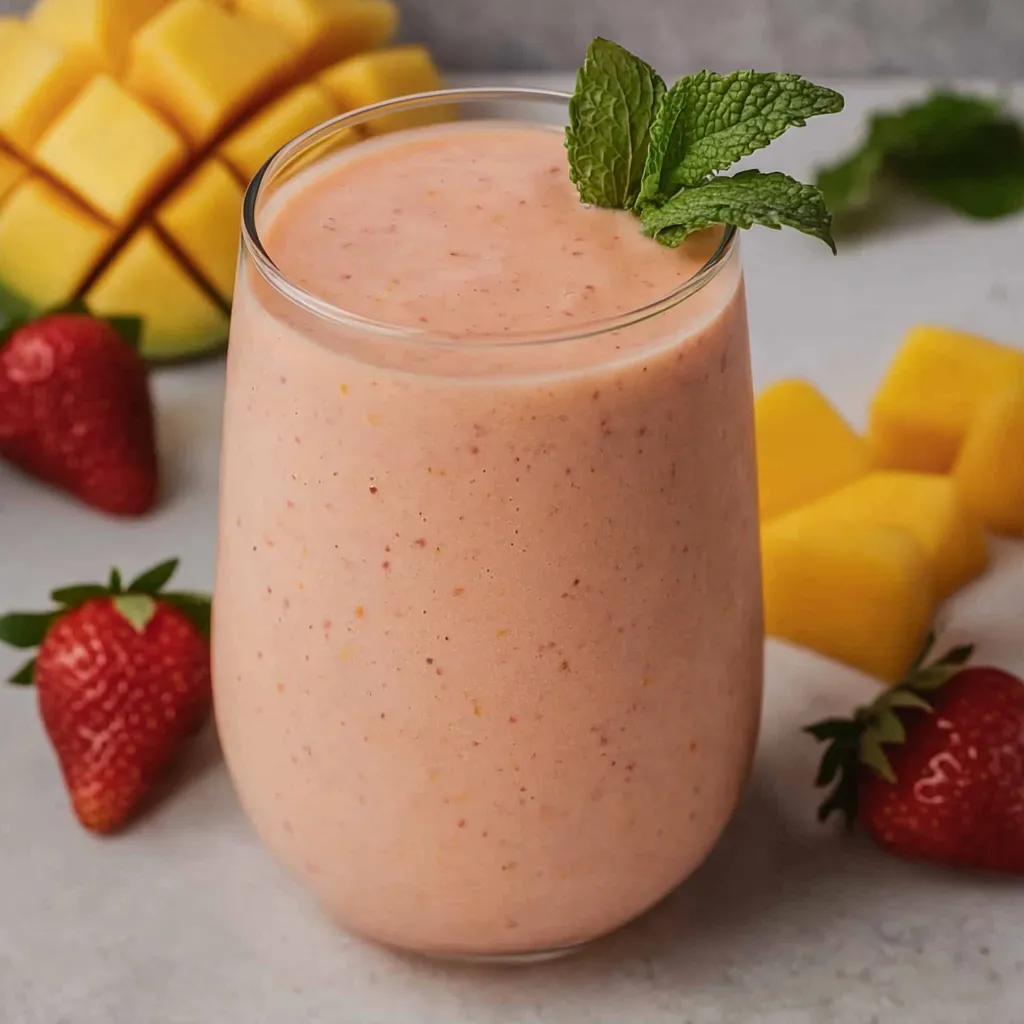 A glass of orange juice with a strawberry on top.
