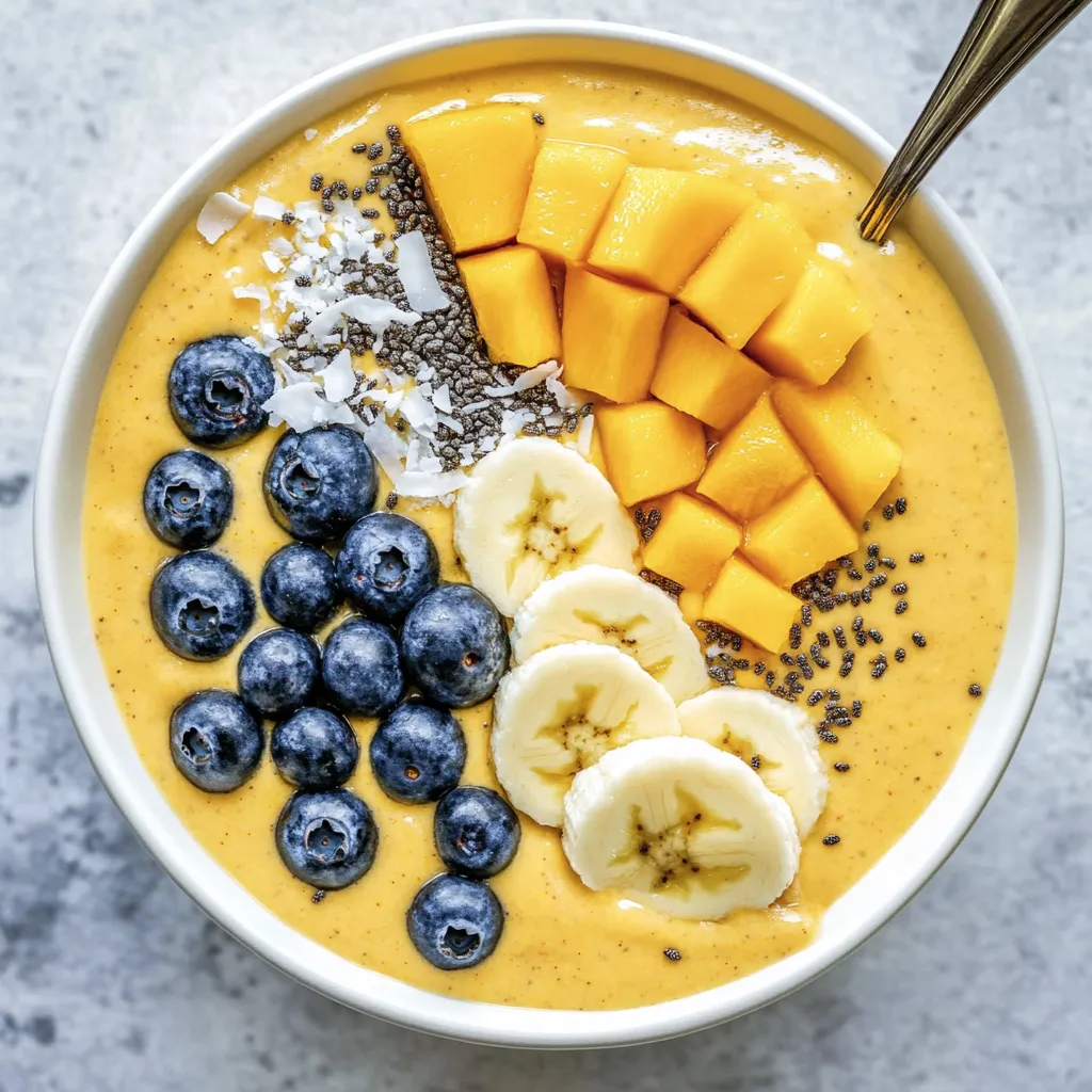 A bowl of fruit with bananas, blueberries, and mango.