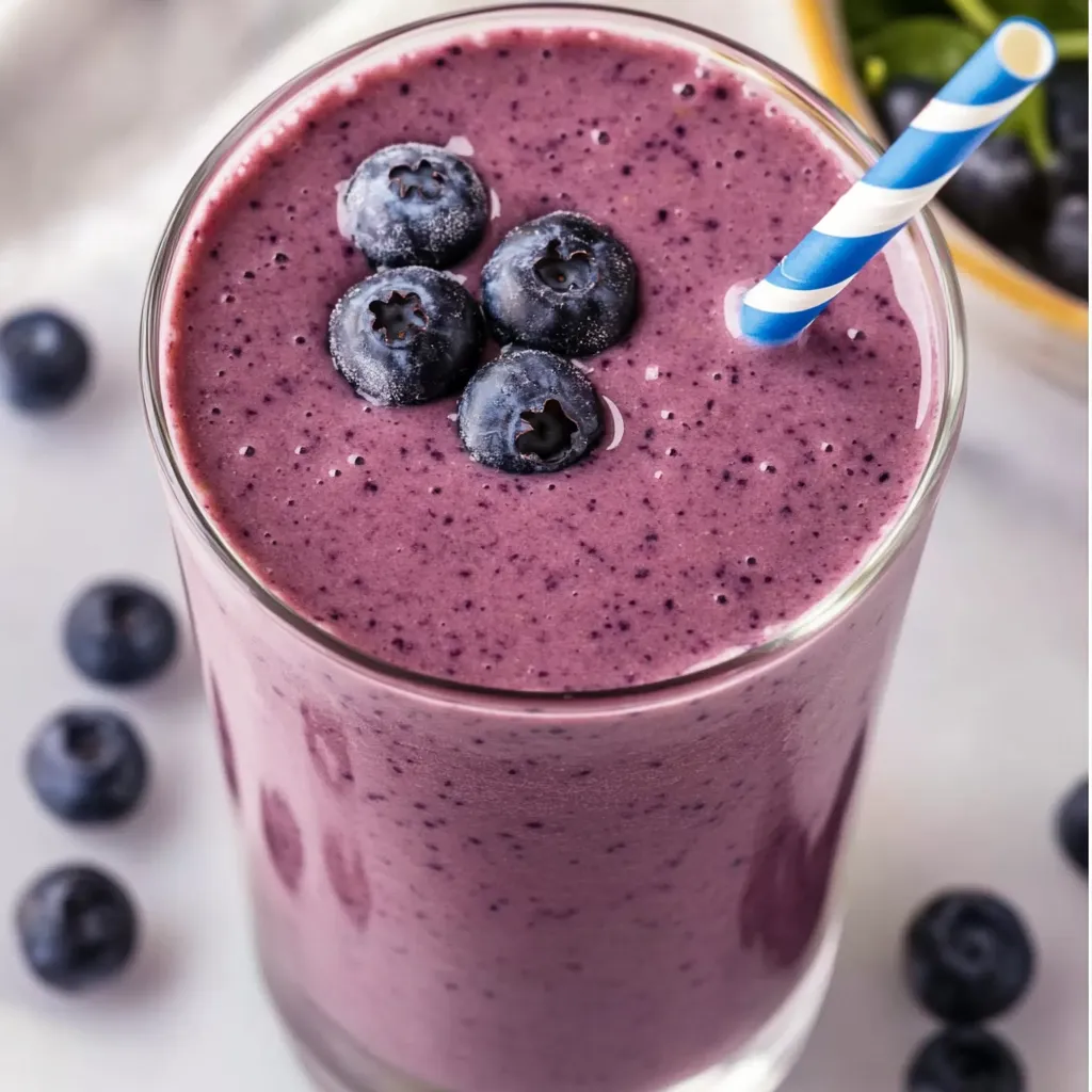 A glass of blueberry smoothie with a blueberry on top.