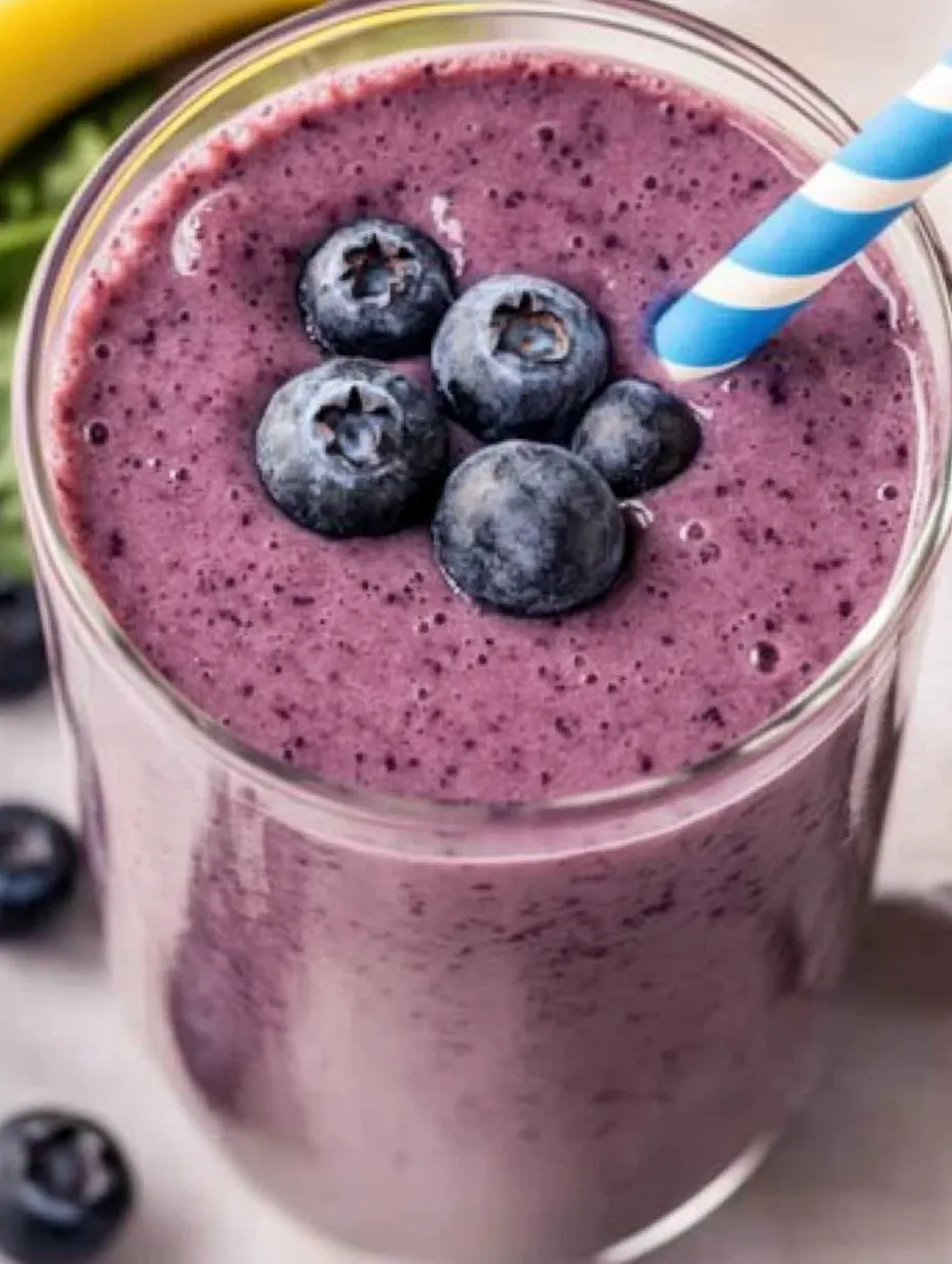 A glass of blueberry smoothie with a blueberry on top.