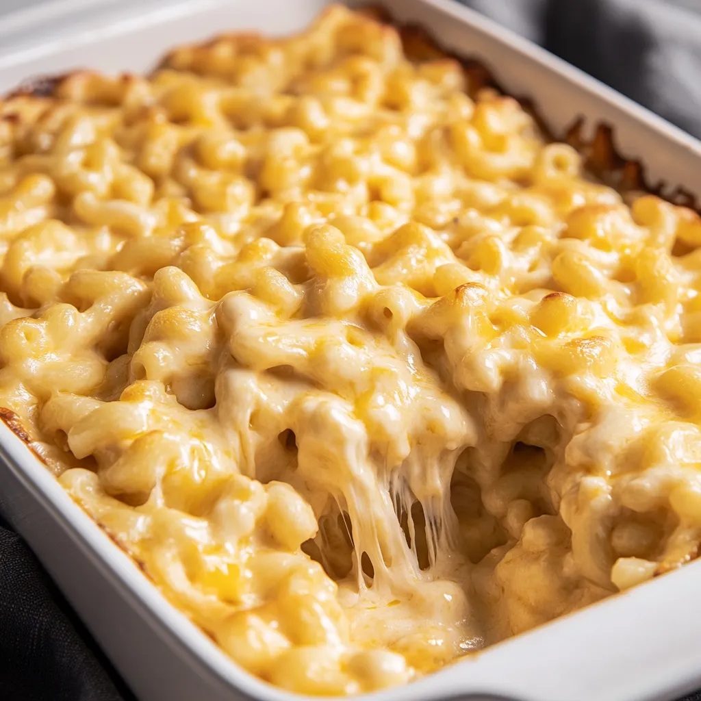 A white bowl filled with macaroni and cheese.