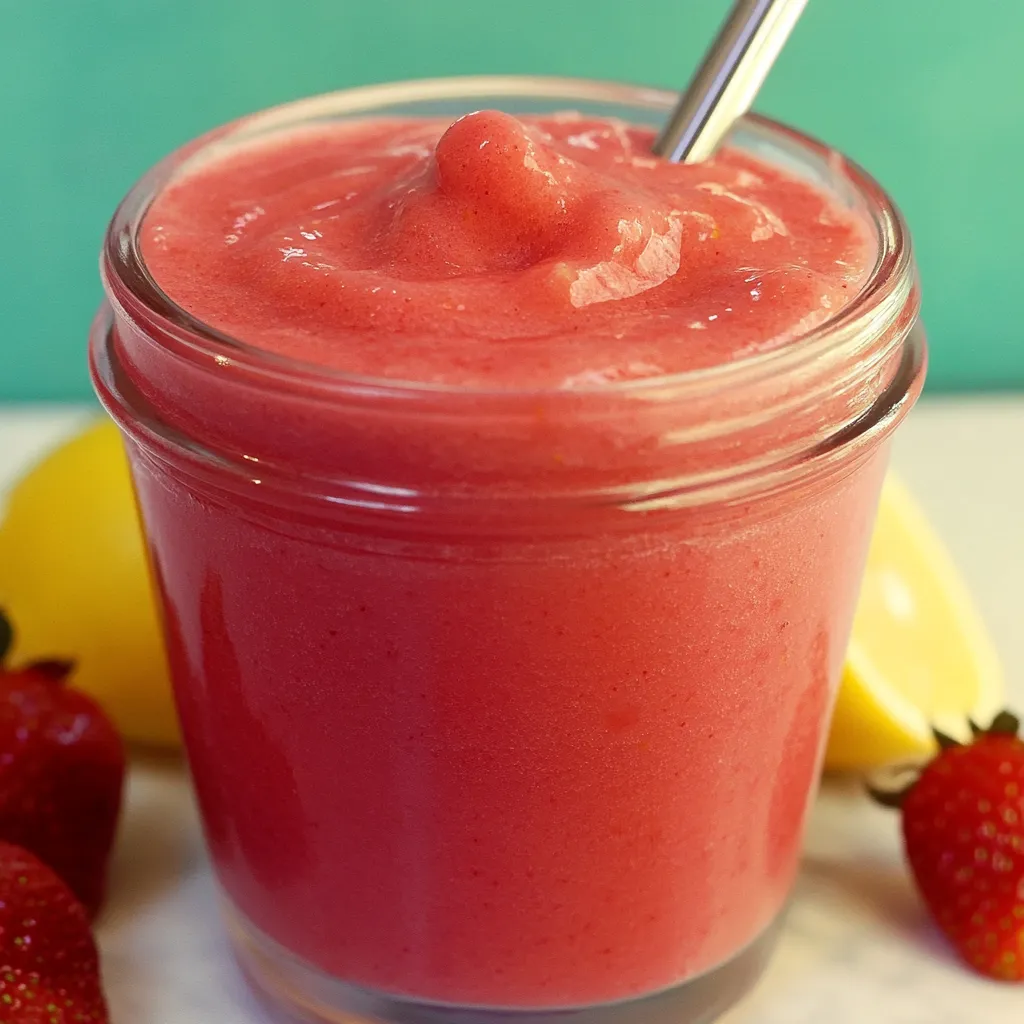 A glass of red smoothie with a spoon in it.