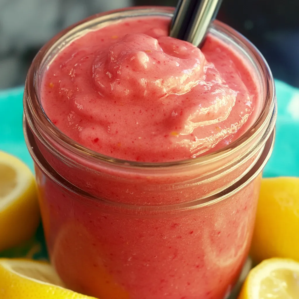 A glass of red smoothie with a spoon in it.