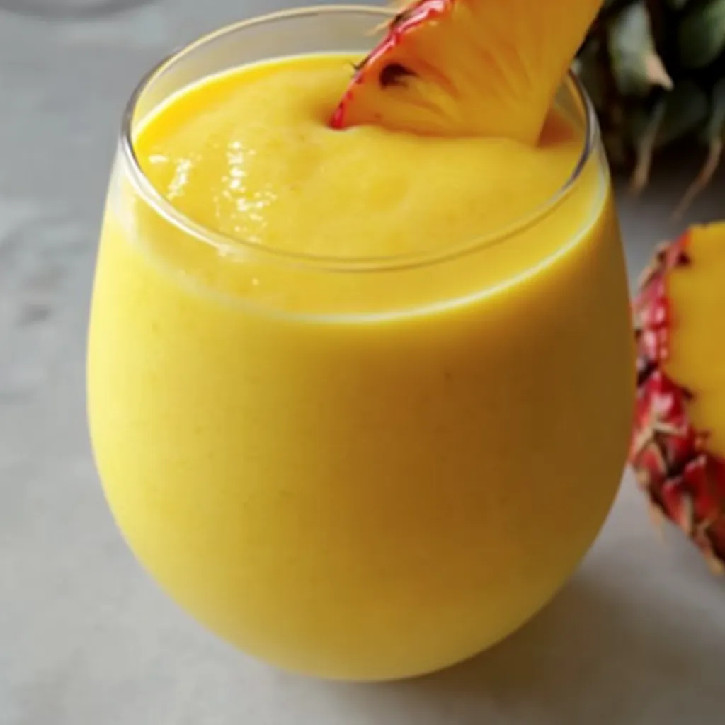 A glass of orange juice with a pineapple slice in it.