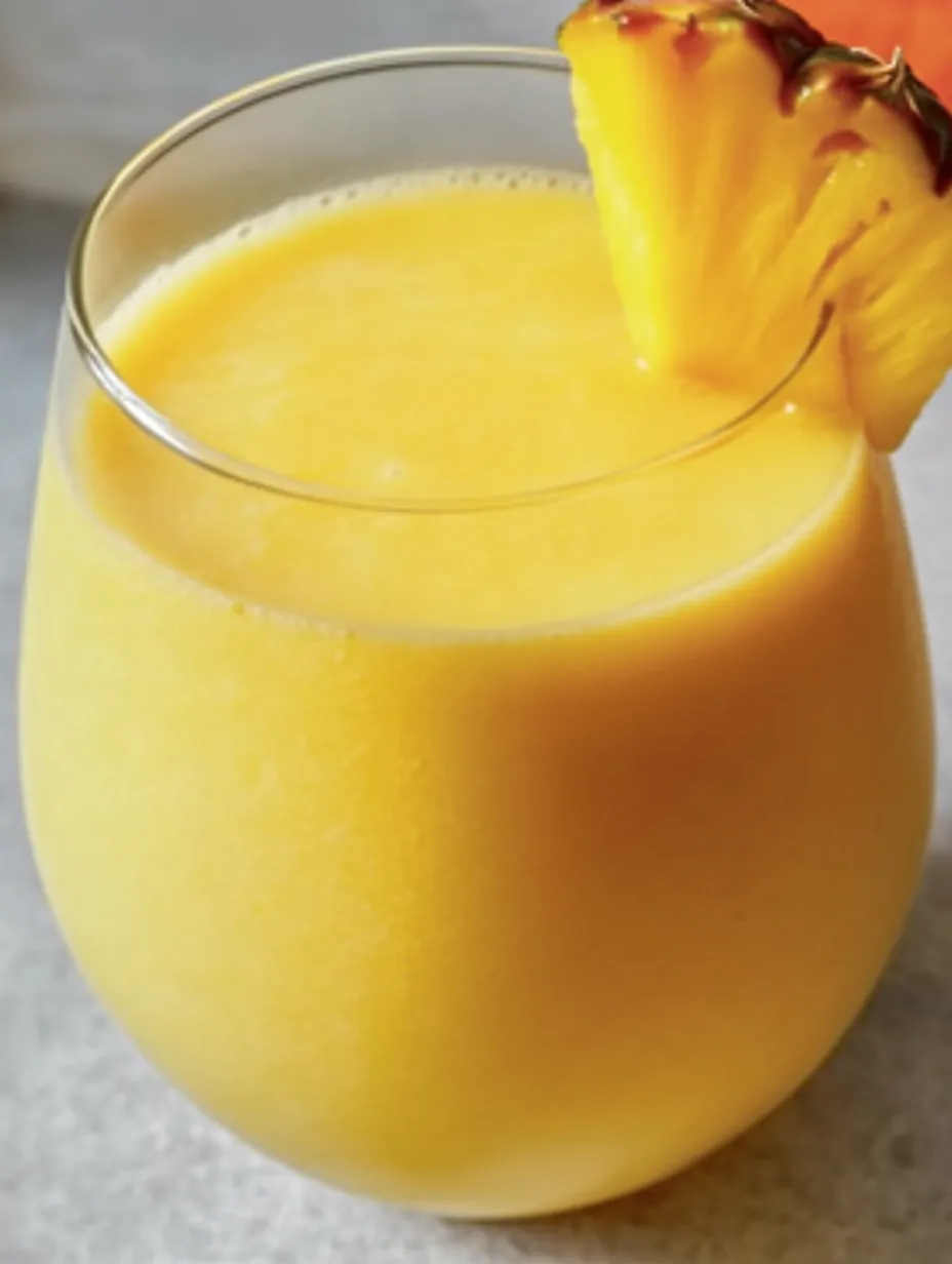 A glass of orange juice with a pineapple slice in it.