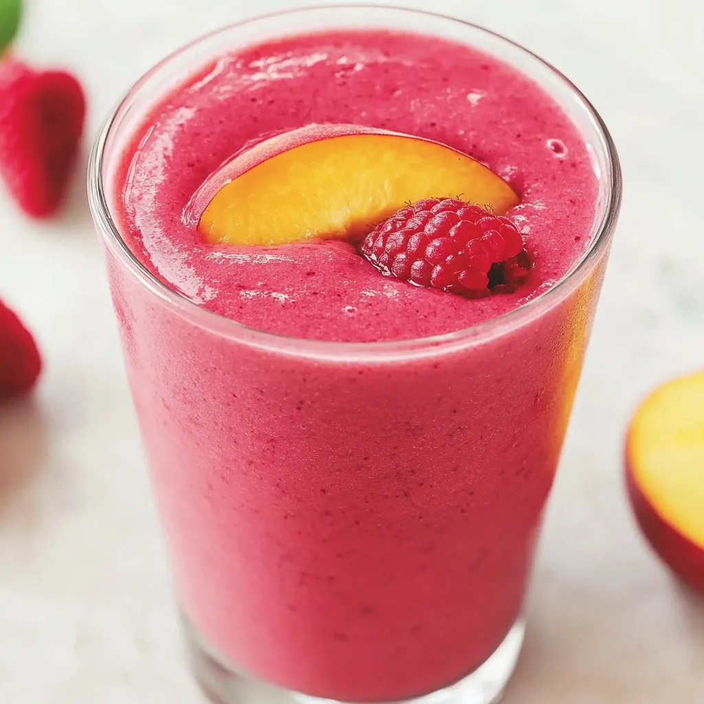 A glass of pink smoothie with a slice of peach on top.