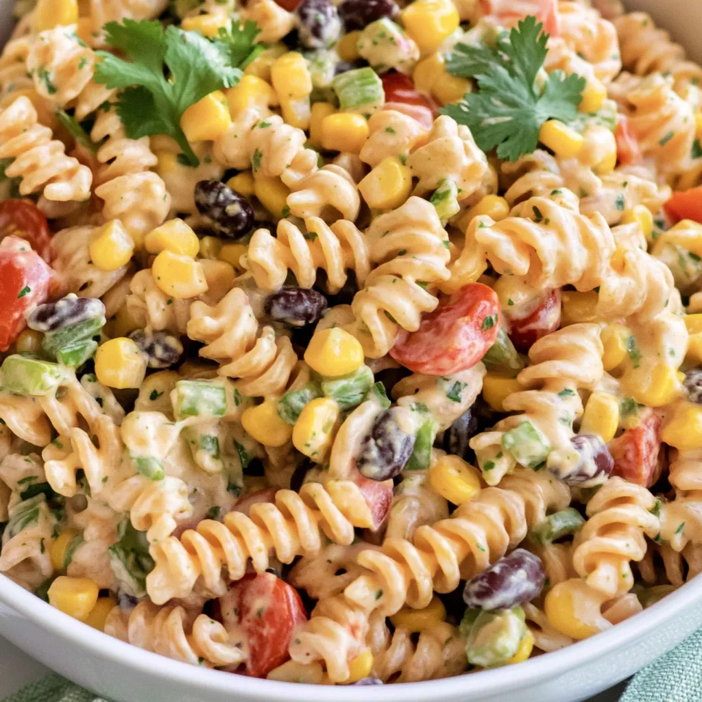 A bowl of pasta with tomatoes, corn, and black beans.