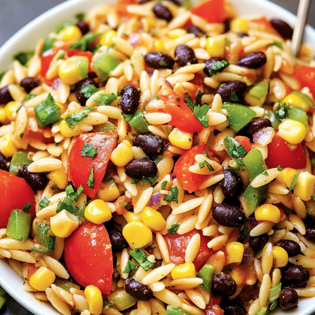 A bowl of rice with tomatoes, corn, beans, and peppers.