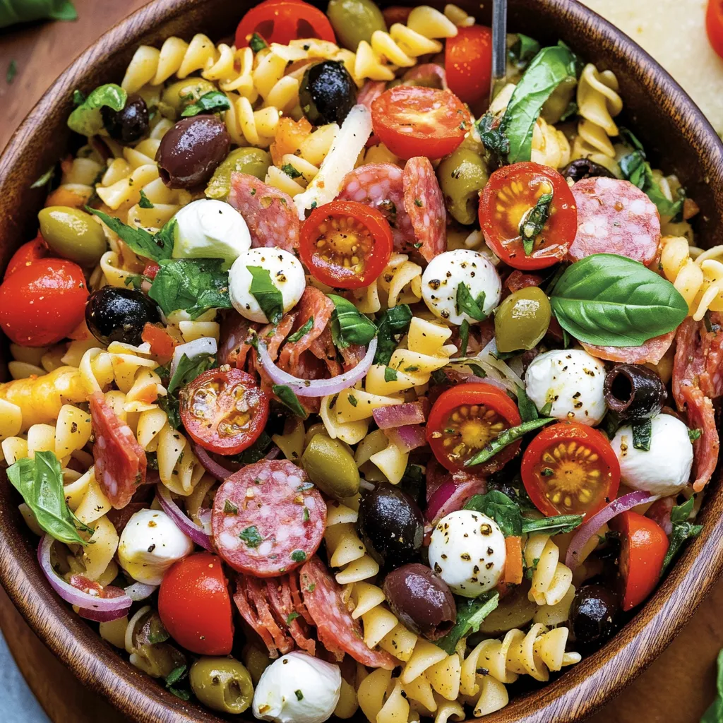 A bowl of pasta with tomatoes, olives, and cheese.
