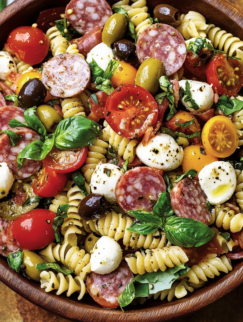 A bowl of pasta with tomatoes, olives, and ham.