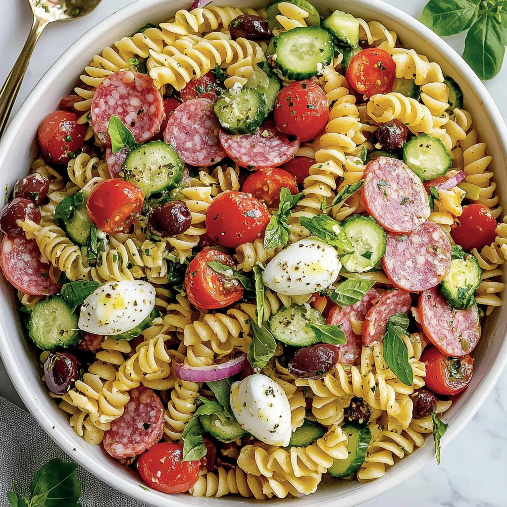 A bowl of pasta with tomatoes, cucumbers, and sausage.