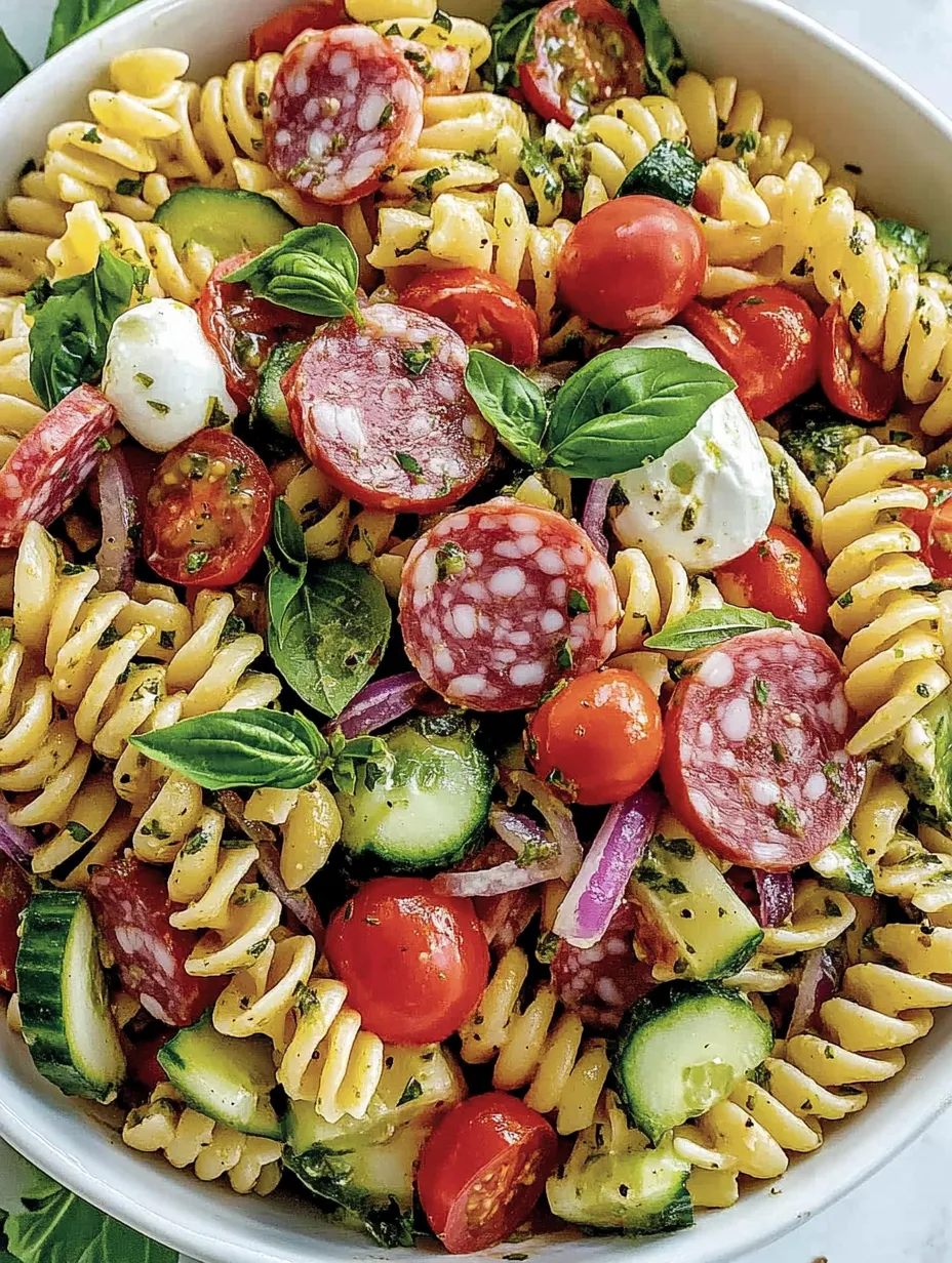 A bowl of pasta with tomatoes, cucumbers, and meat.