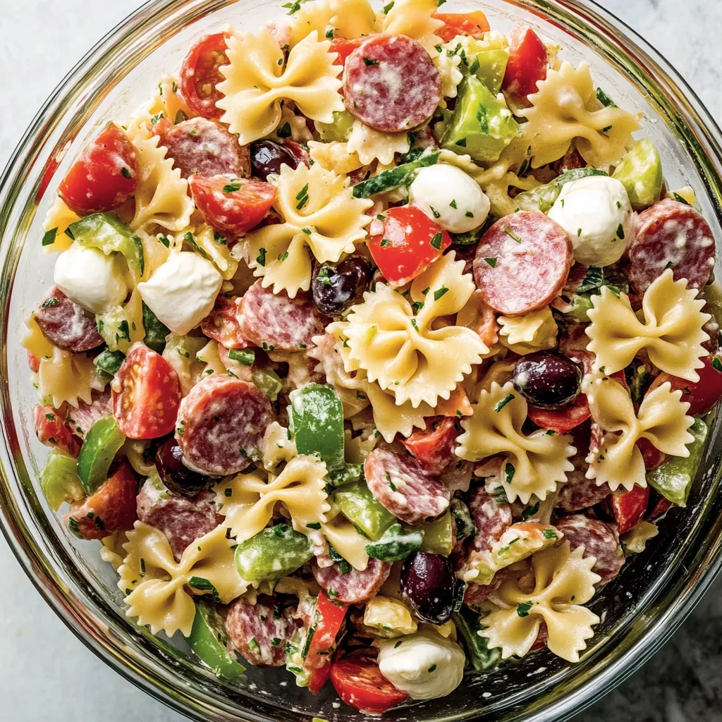 A bowl of pasta salad with tomatoes, olives, and sausage.