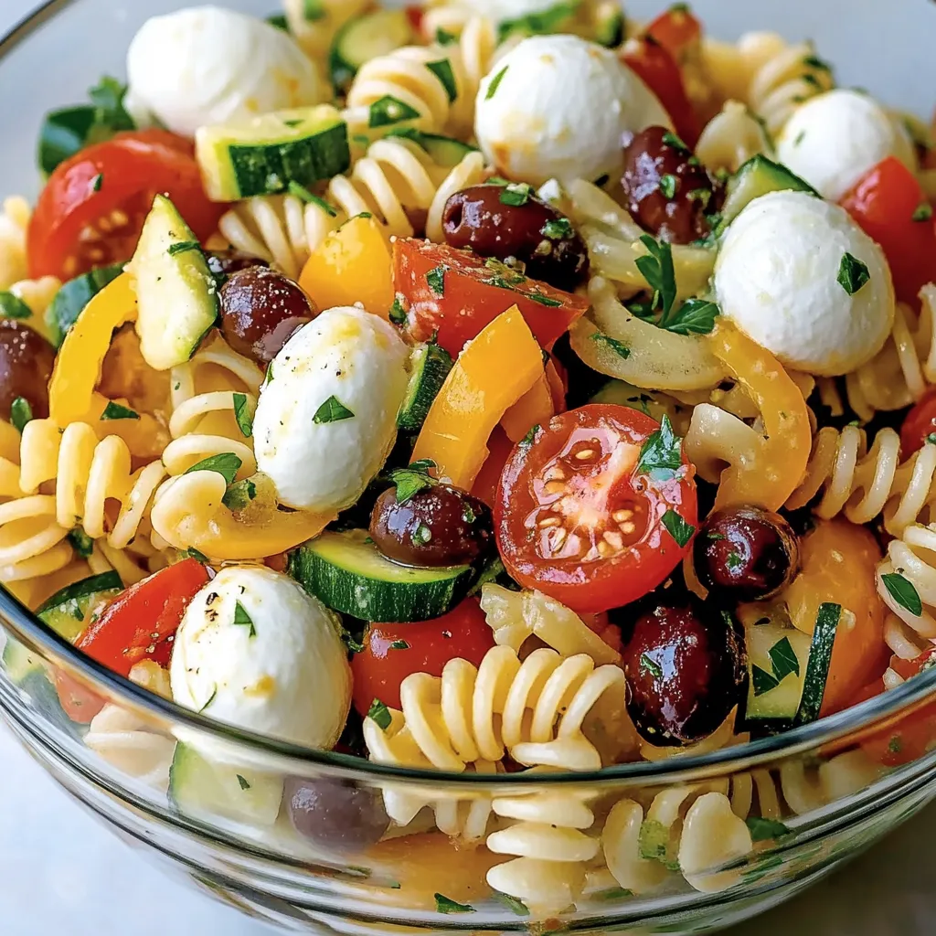 A bowl of pasta with tomatoes, zucchini, olives, and cheese.