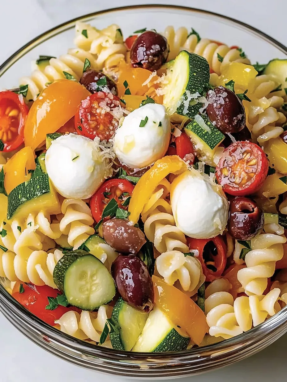 A bowl of pasta with tomatoes, cucumbers, and cheese.