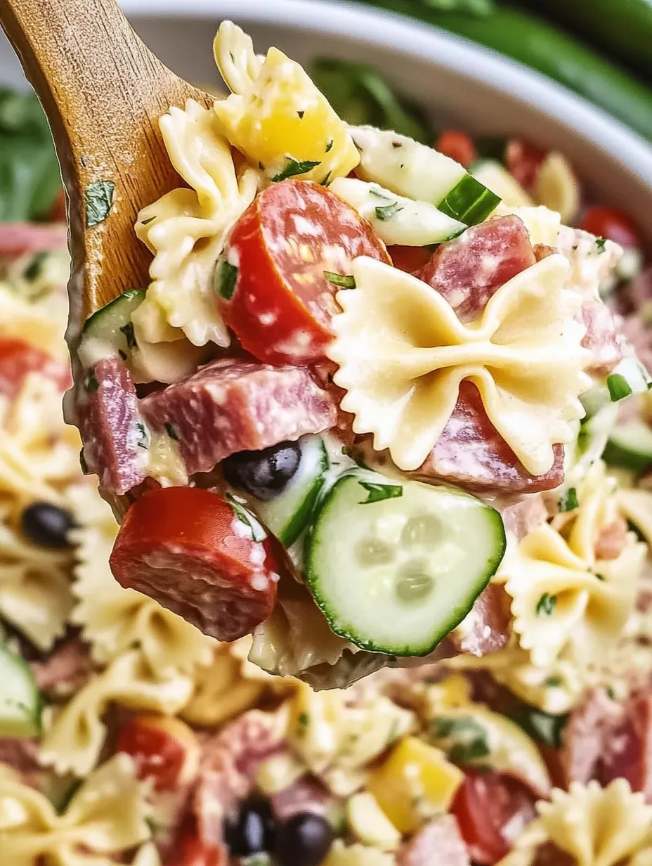 A fork full of pasta, tomatoes, and cucumbers.