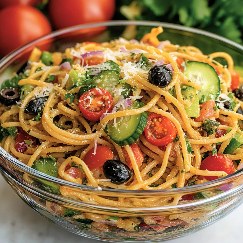A bowl of pasta with tomatoes, olives, and cheese.