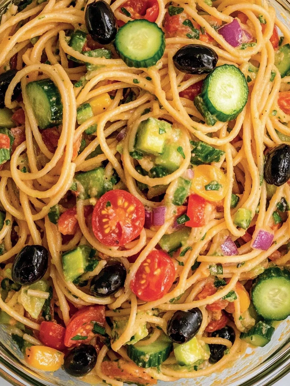 A bowl of spaghetti with tomatoes, cucumbers, and olives.