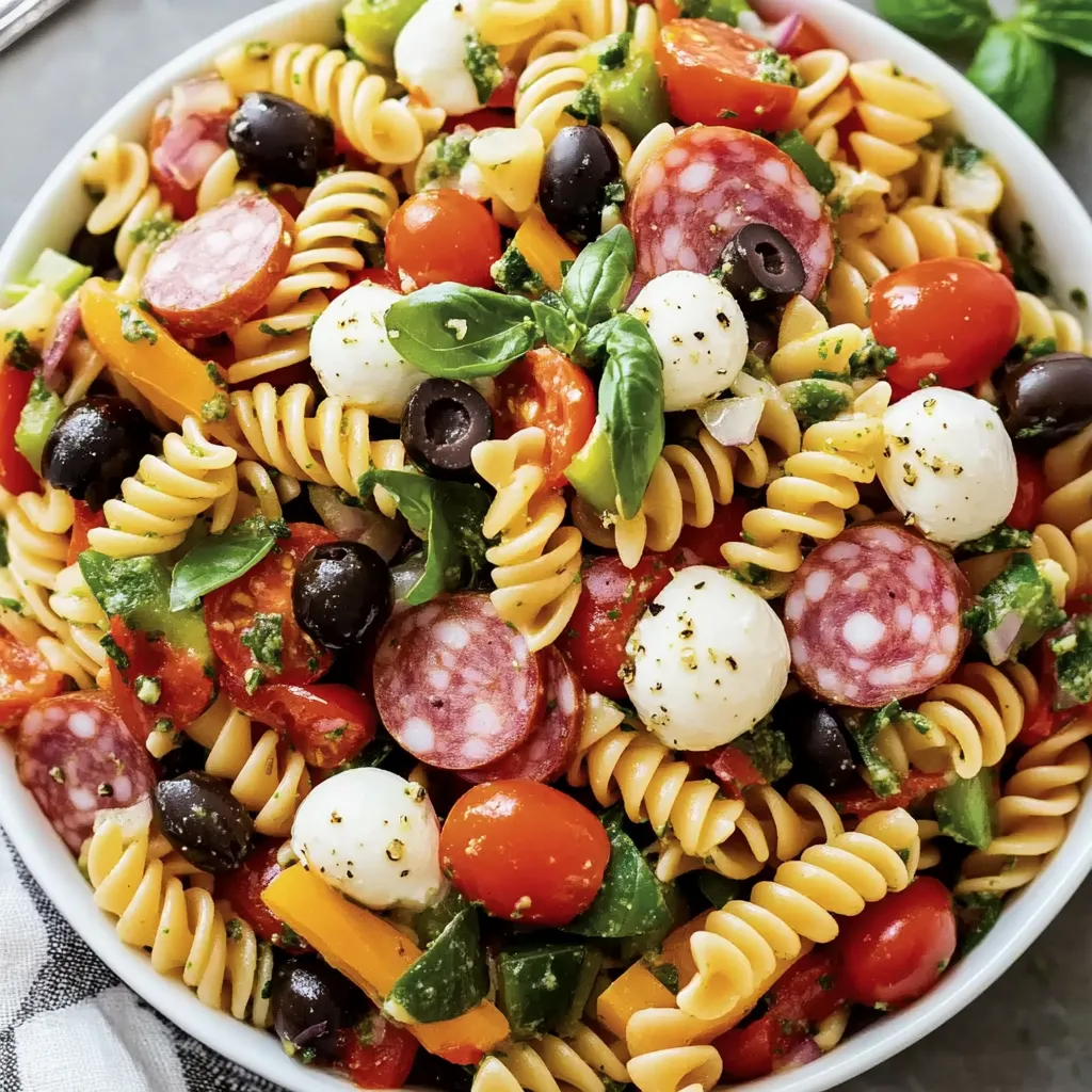 A bowl of pasta with tomatoes, olives, and meat.