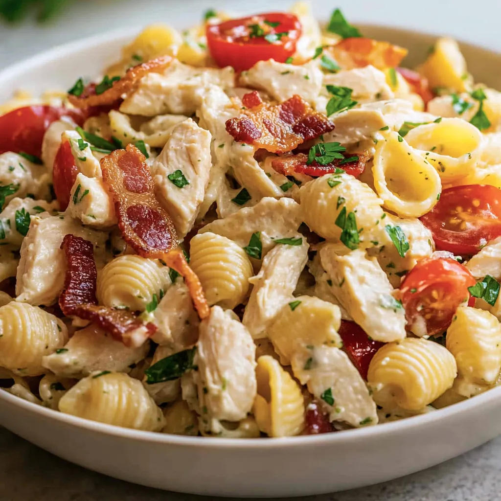 A bowl of pasta with chicken and tomatoes.