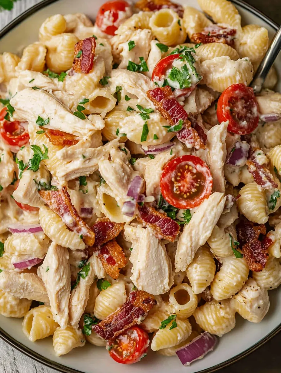 A bowl of pasta with chicken and tomatoes.