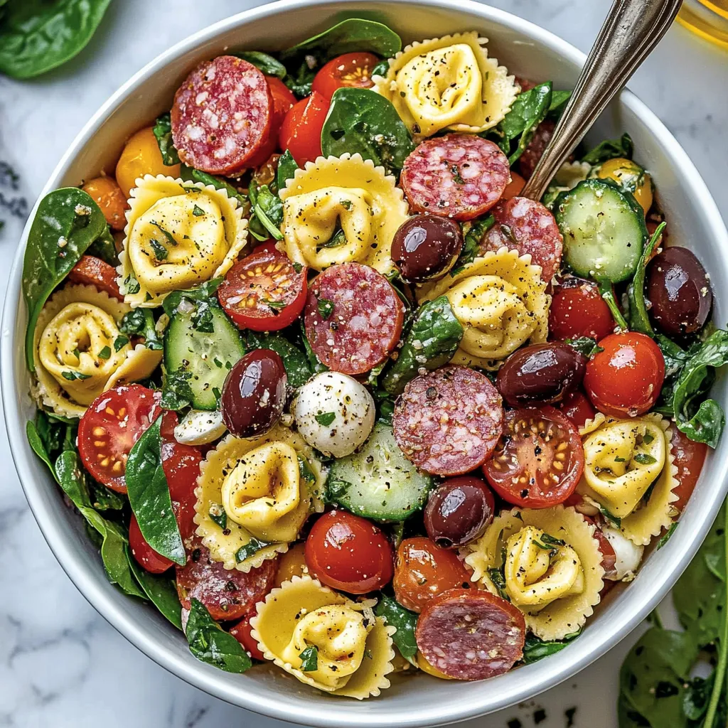 A bowl of pasta salad with tomatoes, olives, and sausage.