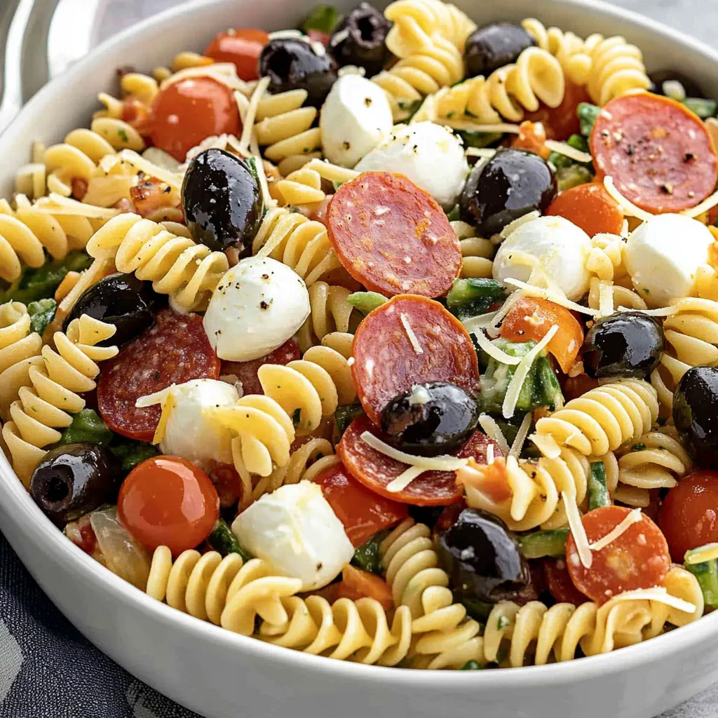 A bowl of pasta with tomatoes, olives, and cheese.