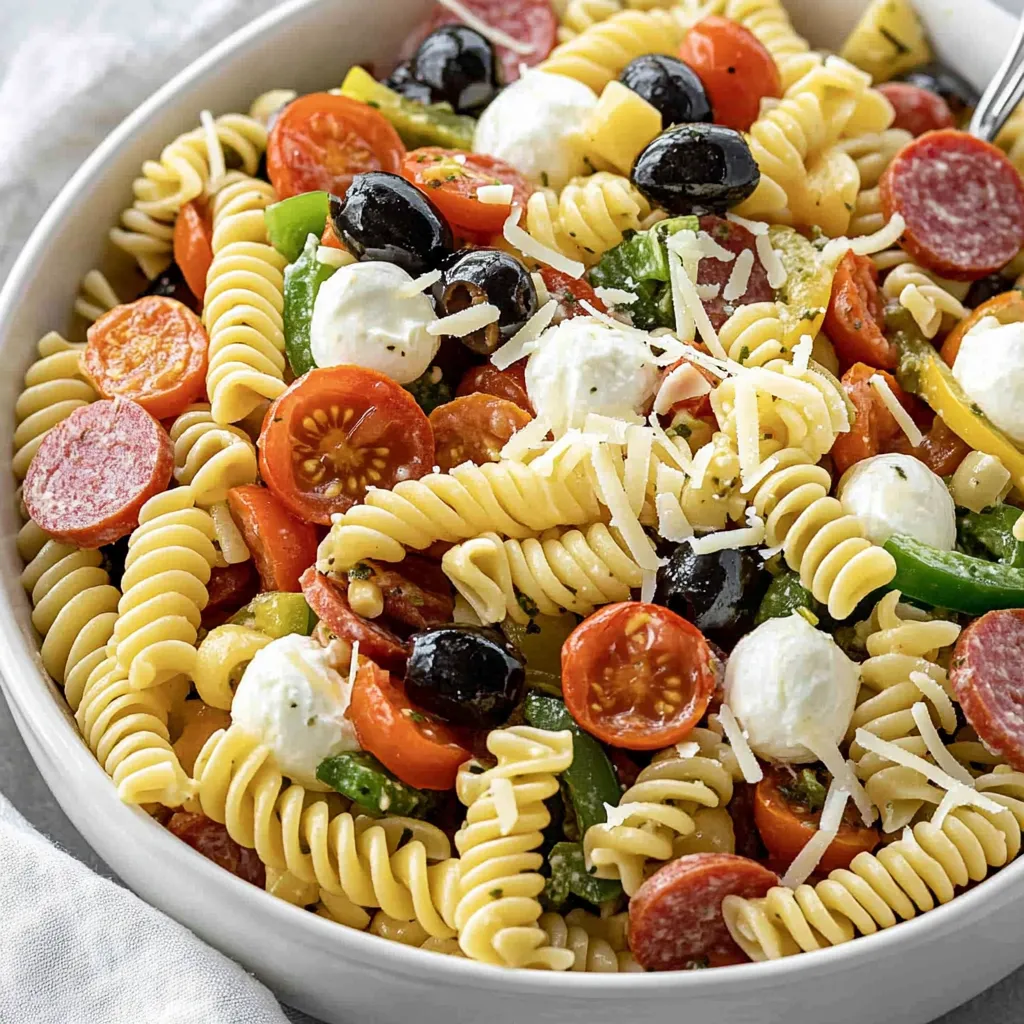A bowl of pasta with tomatoes, olives, and peppers.