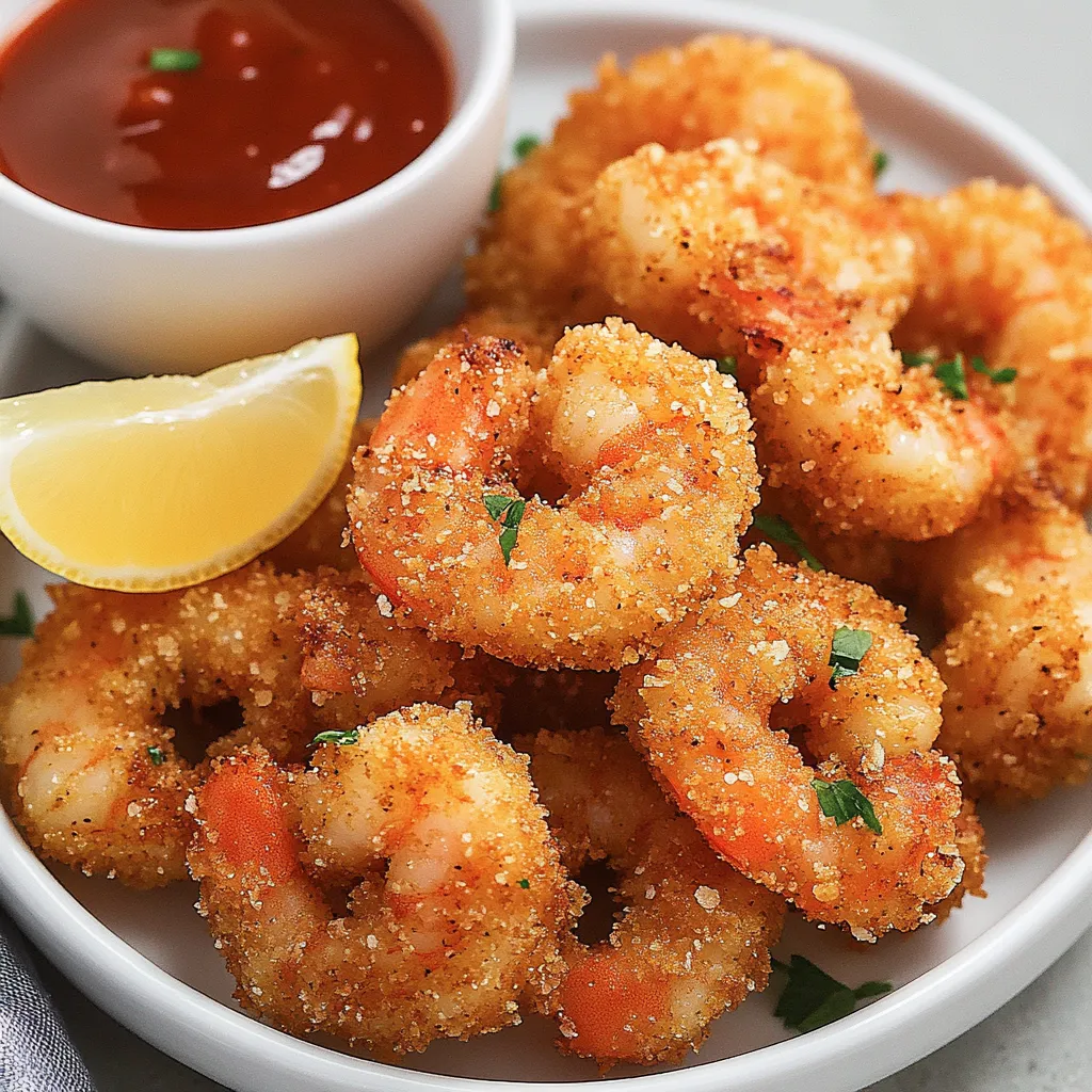 A bowl of shrimp with a lemon wedge and a dipping sauce.