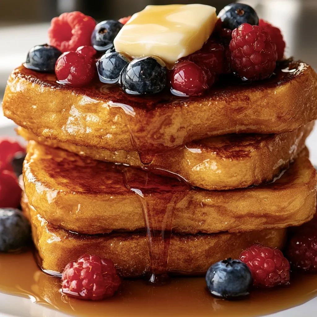 A stack of pancakes with syrup and berries.