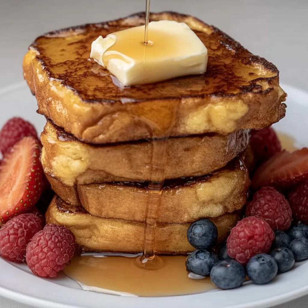 A stack of French toast with butter and syrup.