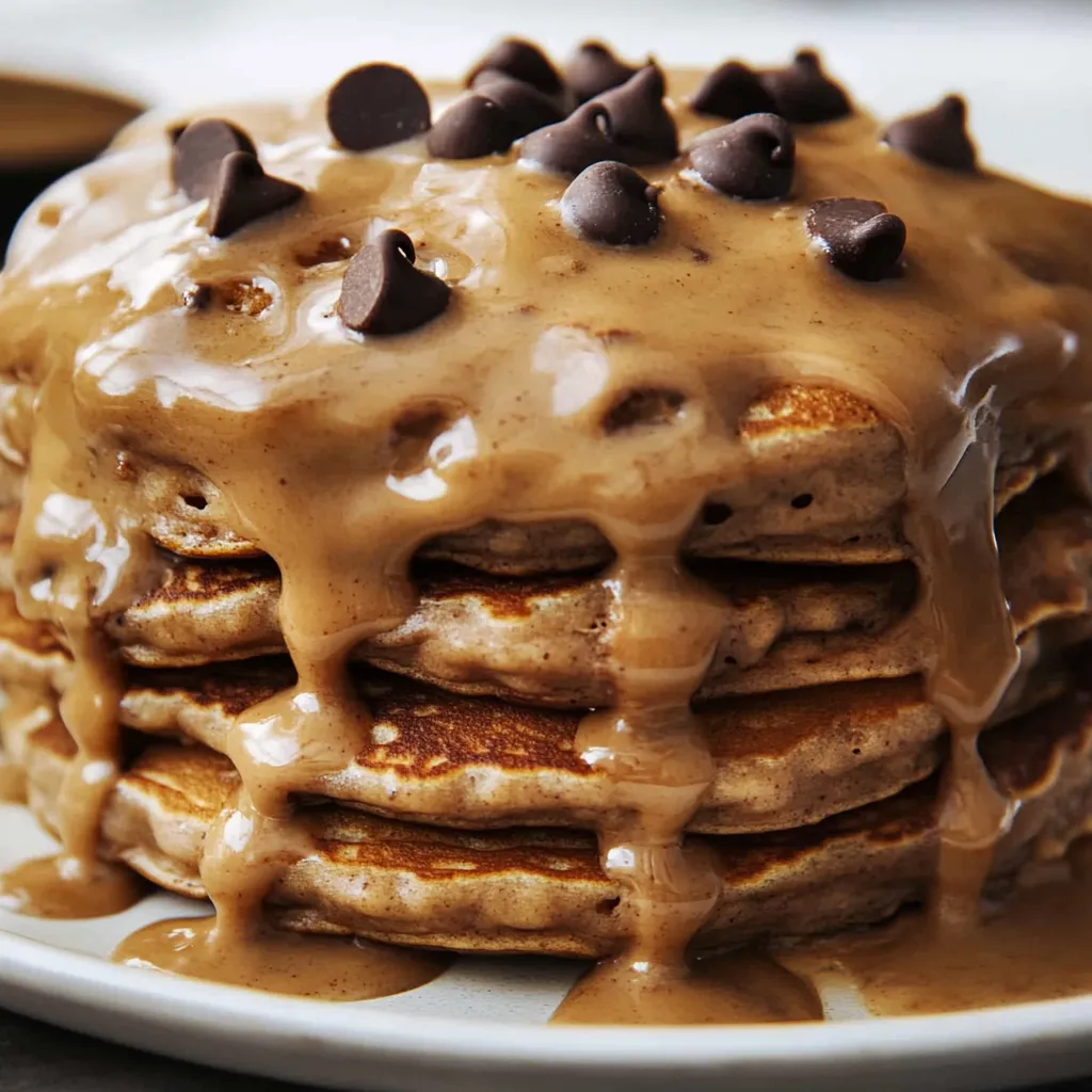 A stack of pancakes with chocolate syrup.