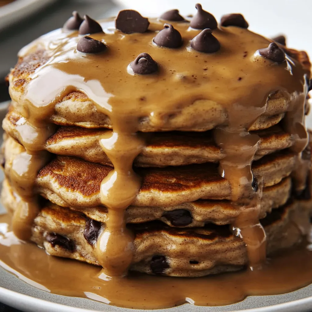 A stack of pancakes with chocolate syrup drizzled on top.