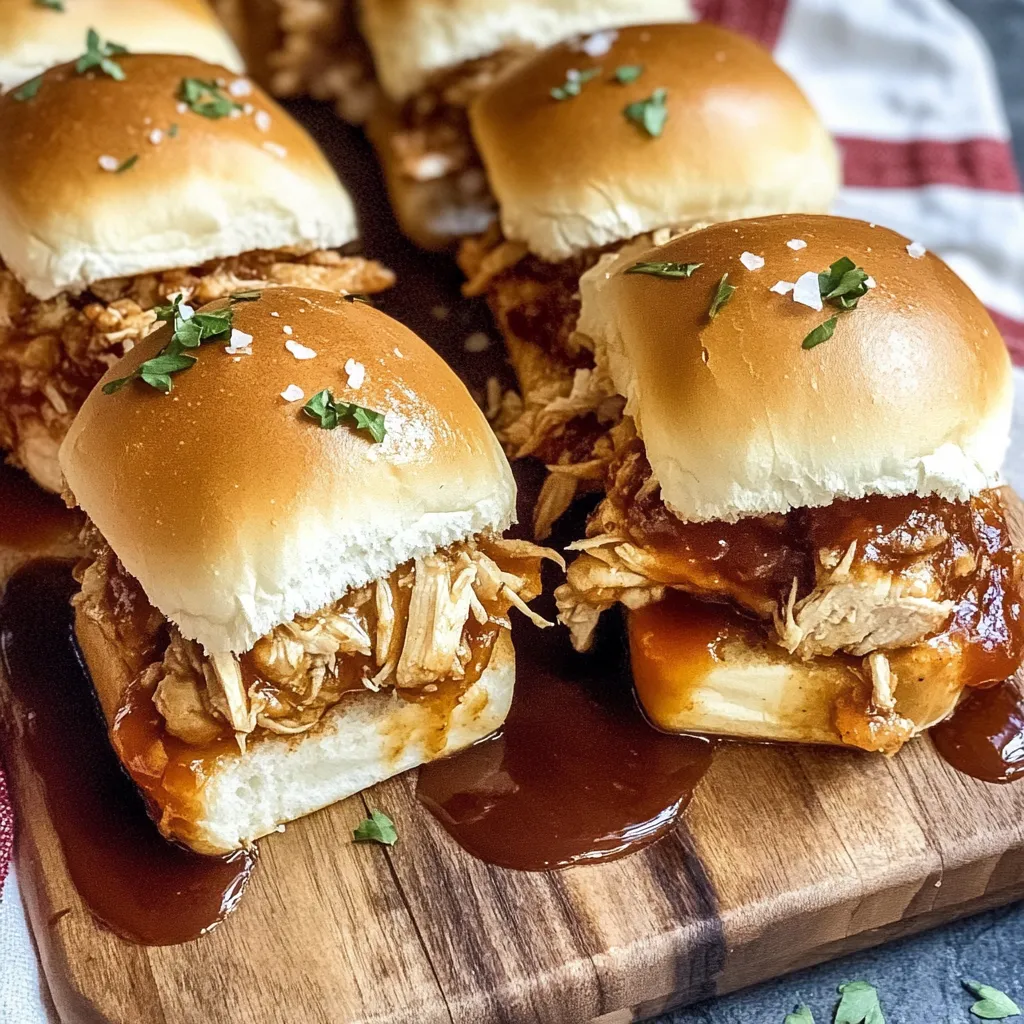 A wooden cutting board with BBQ sandwiches.