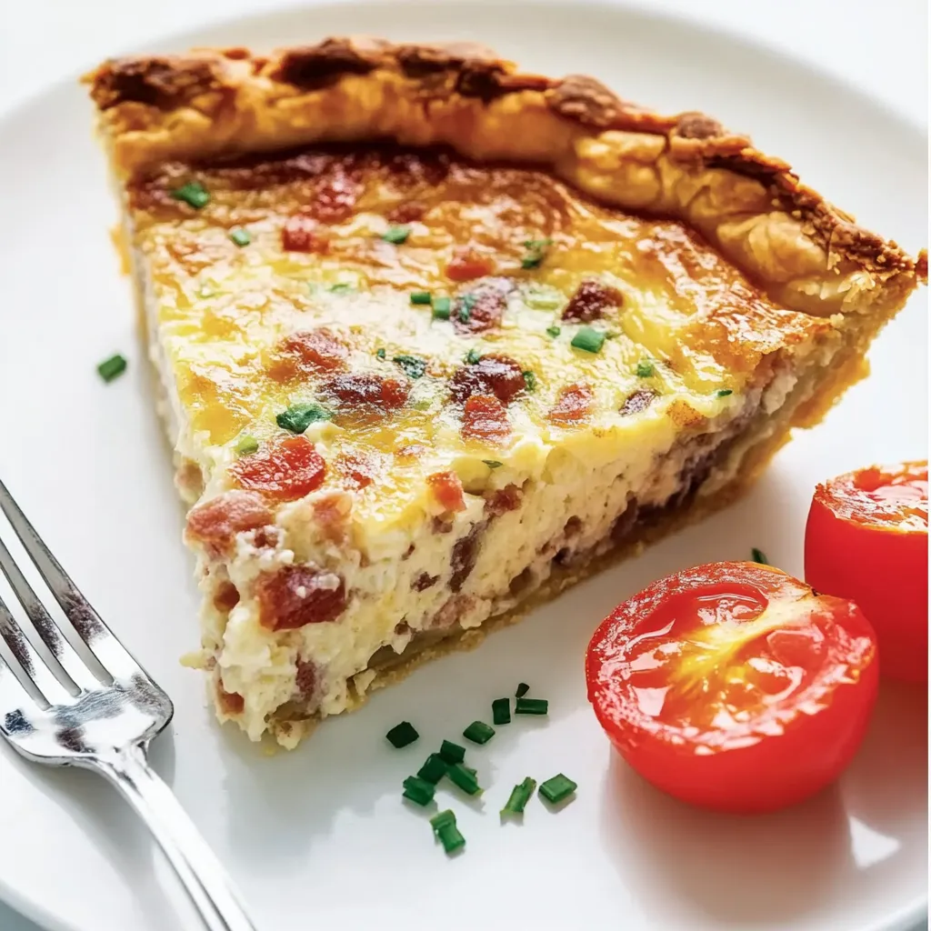 A slice of quiche on a white plate.