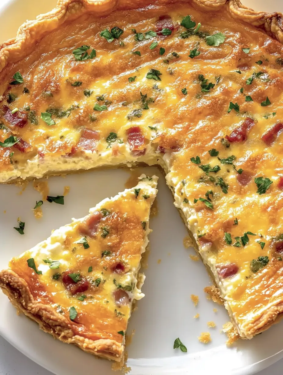 A slice of quiche with green herbs on top.