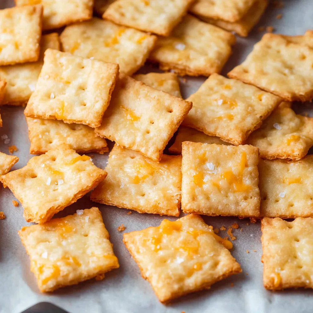 A pile of cheese crackers on a table.