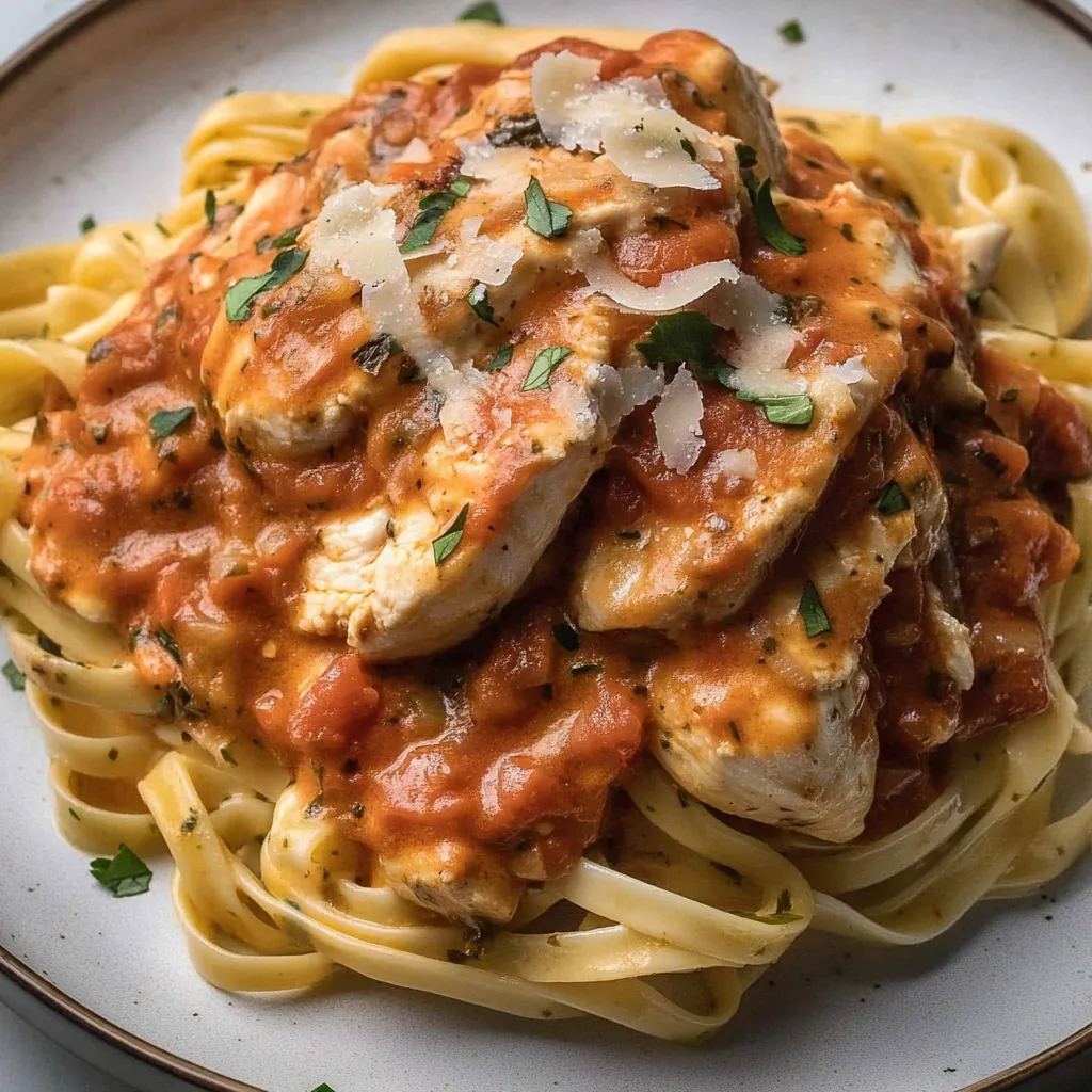 A plate of pasta with chicken and tomato sauce.