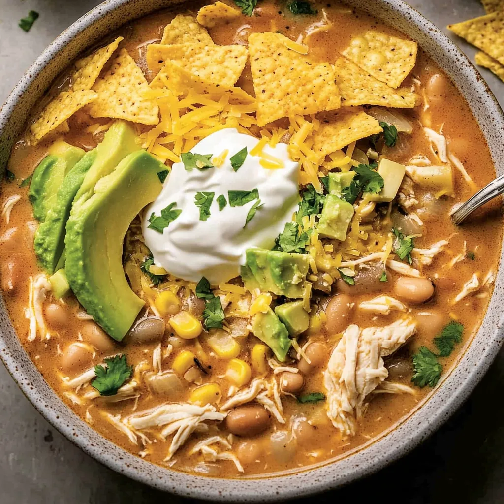 A bowl of soup with chips on top.