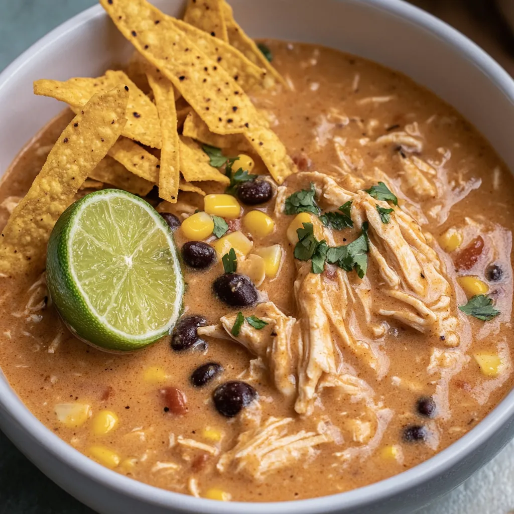 A bowl of soup with chips and a lime wedge.