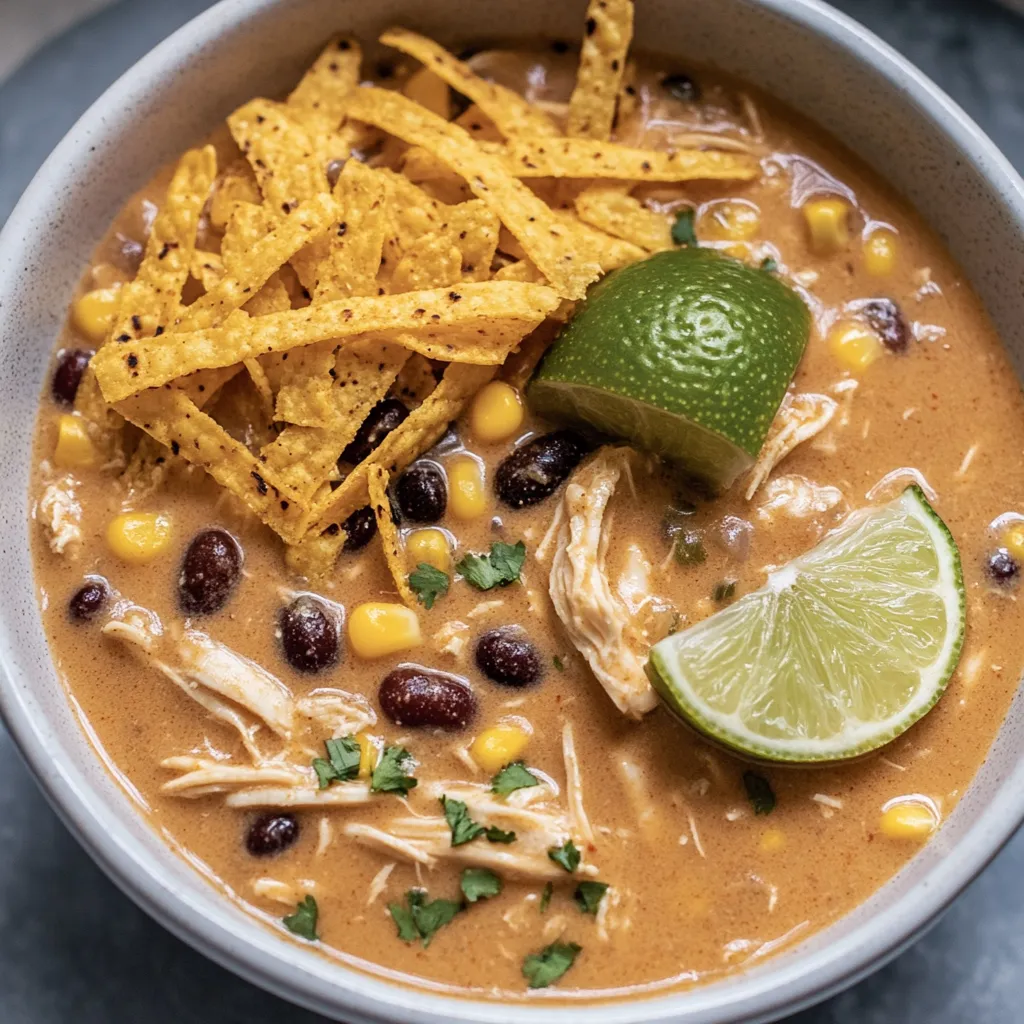 A bowl of soup with chips and a lime wedge.