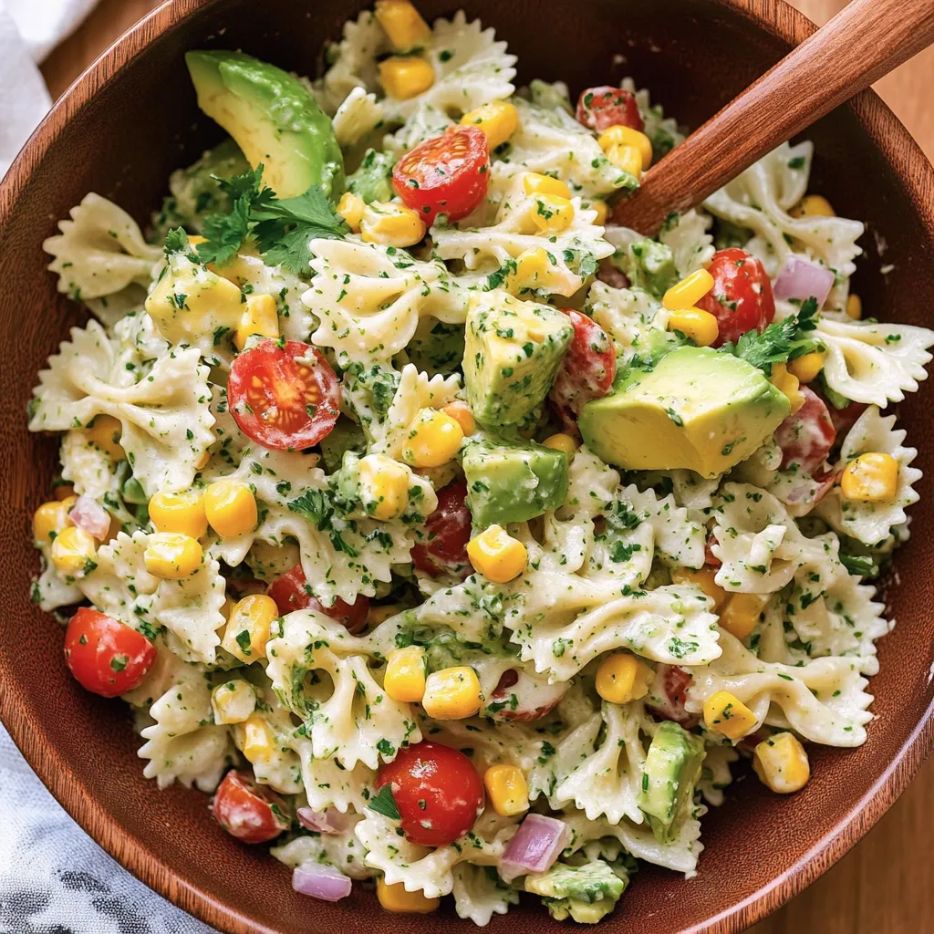 A bowl of pasta with tomatoes, corn, and avocado.
