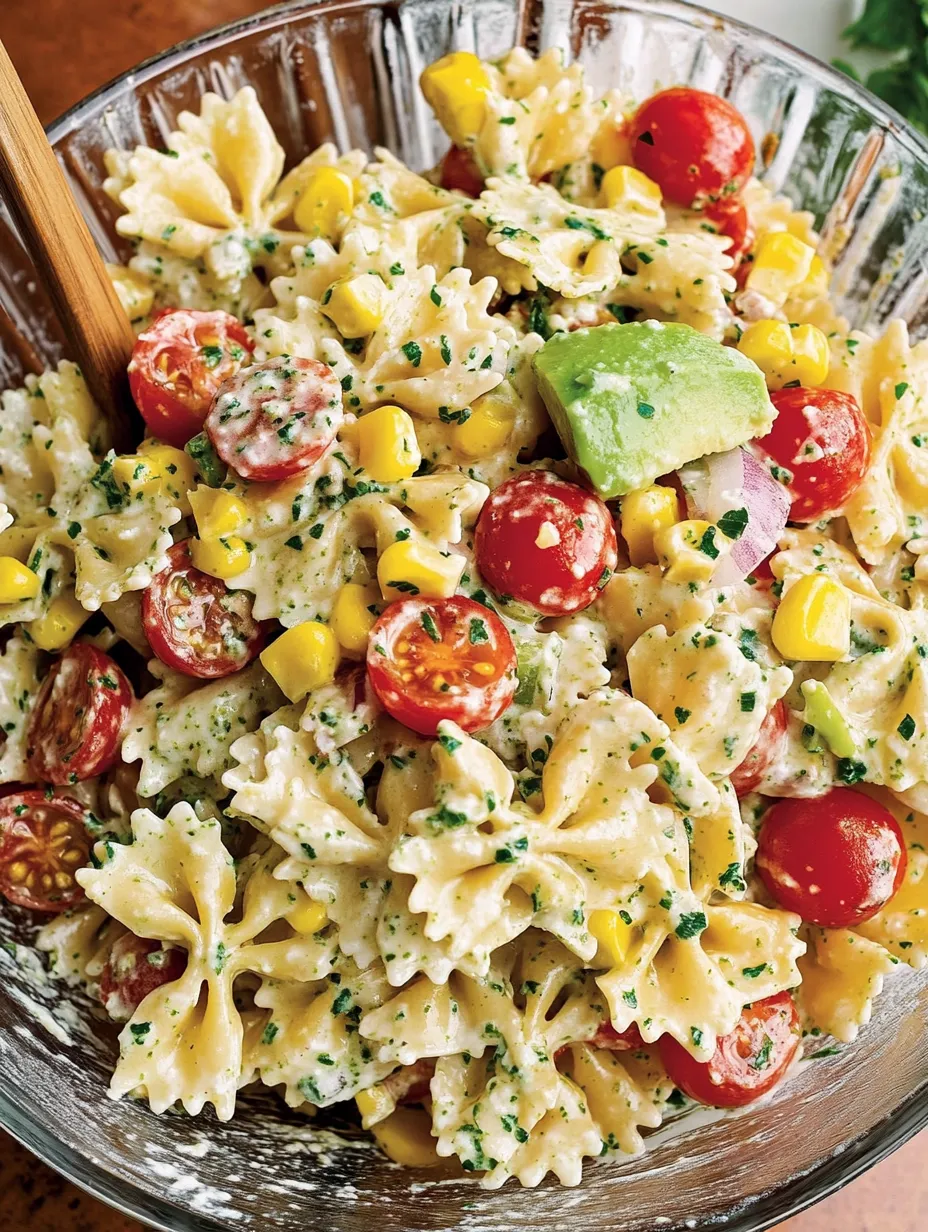 A bowl of pasta with tomatoes, corn, and avocado.
