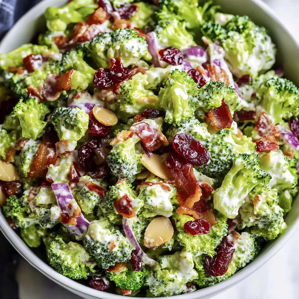 A bowl of broccoli salad with bacon.