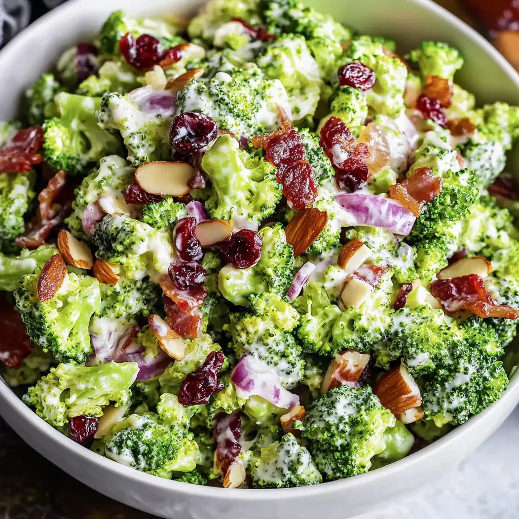 A bowl of broccoli with nuts and raisins.