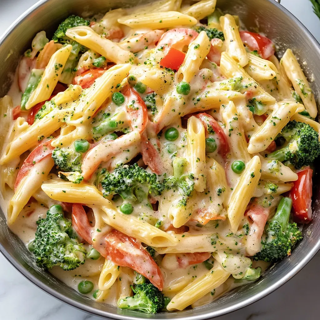A bowl of pasta with tomatoes, broccoli, and peas.