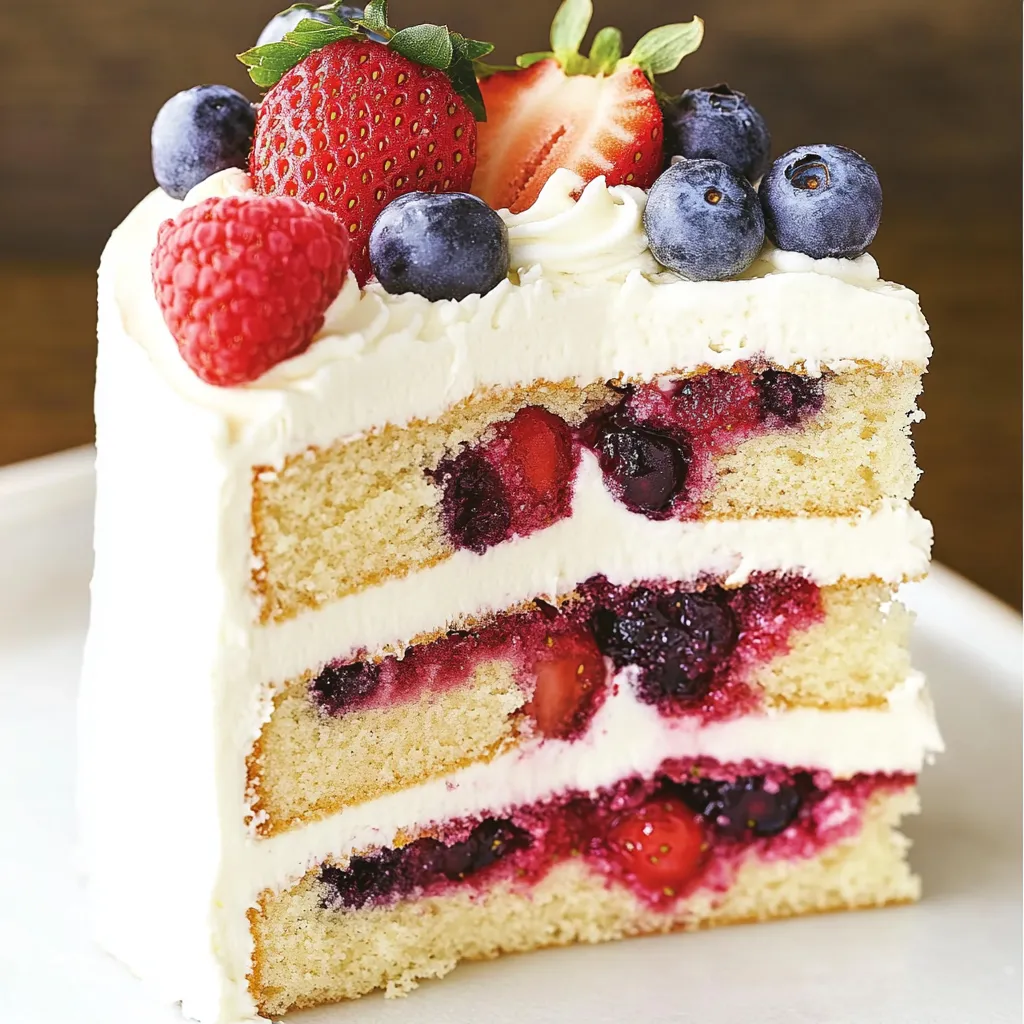 A slice of cake with strawberries and blueberries on top.