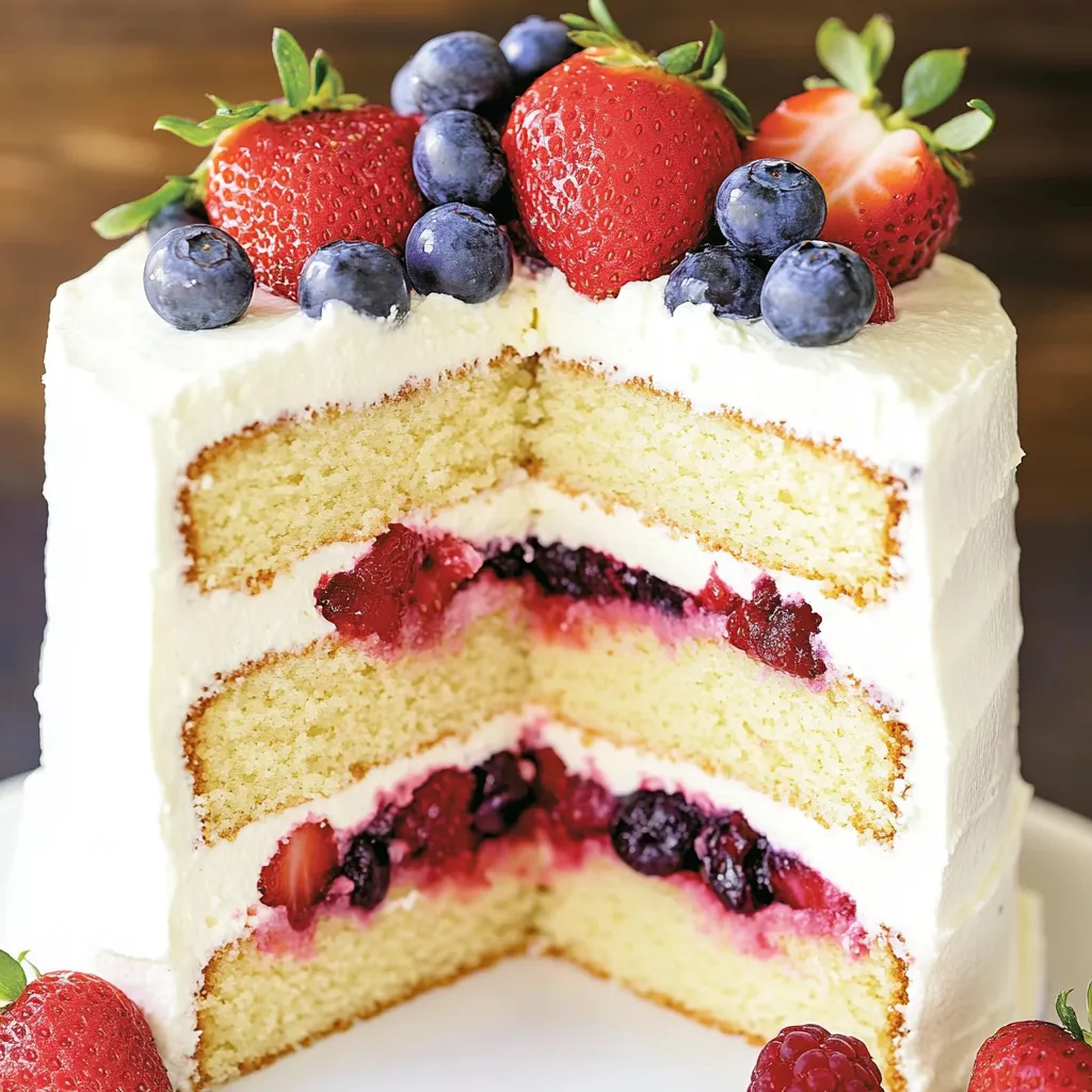 A slice of cake with strawberries and blueberries on top.