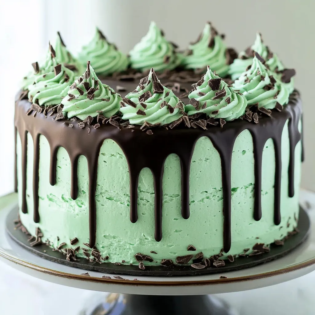 A chocolate cake with green frosting and chocolate drizzle.