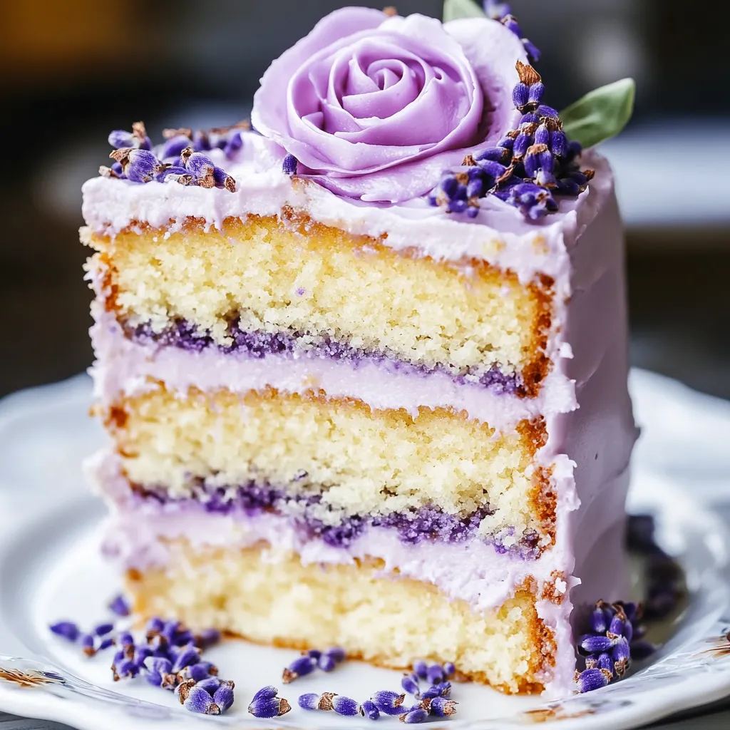 A slice of cake with purple frosting and a rose on top.